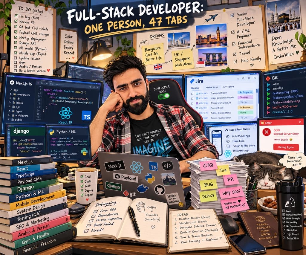 Full-Stack Developer: One person, 47 tabs — illustrated workspace of Azhar Ali Dar